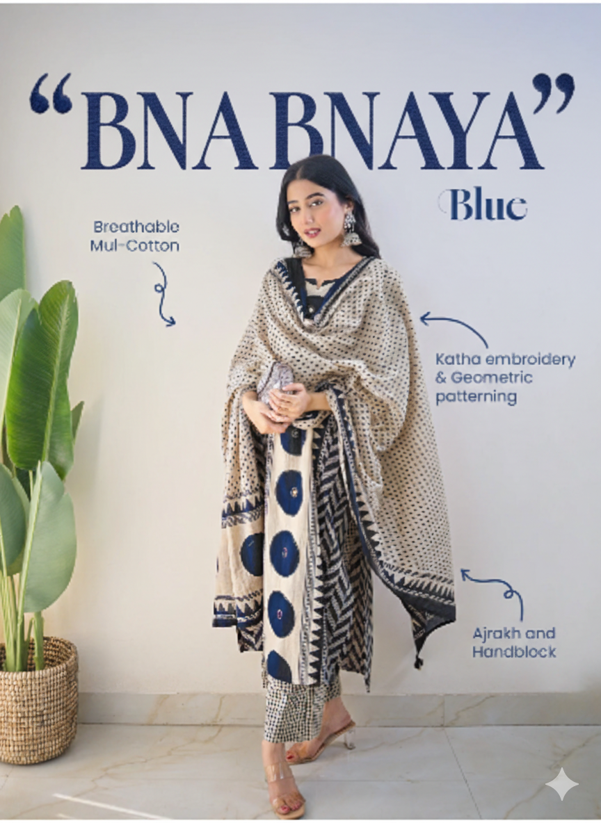 Bna Bnaya Blue Cotton Ajrakh Katha Detailed Dupatta Set