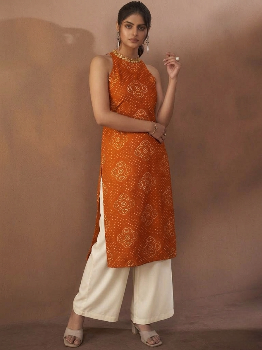 Printed Halter Neck Straight Kurta