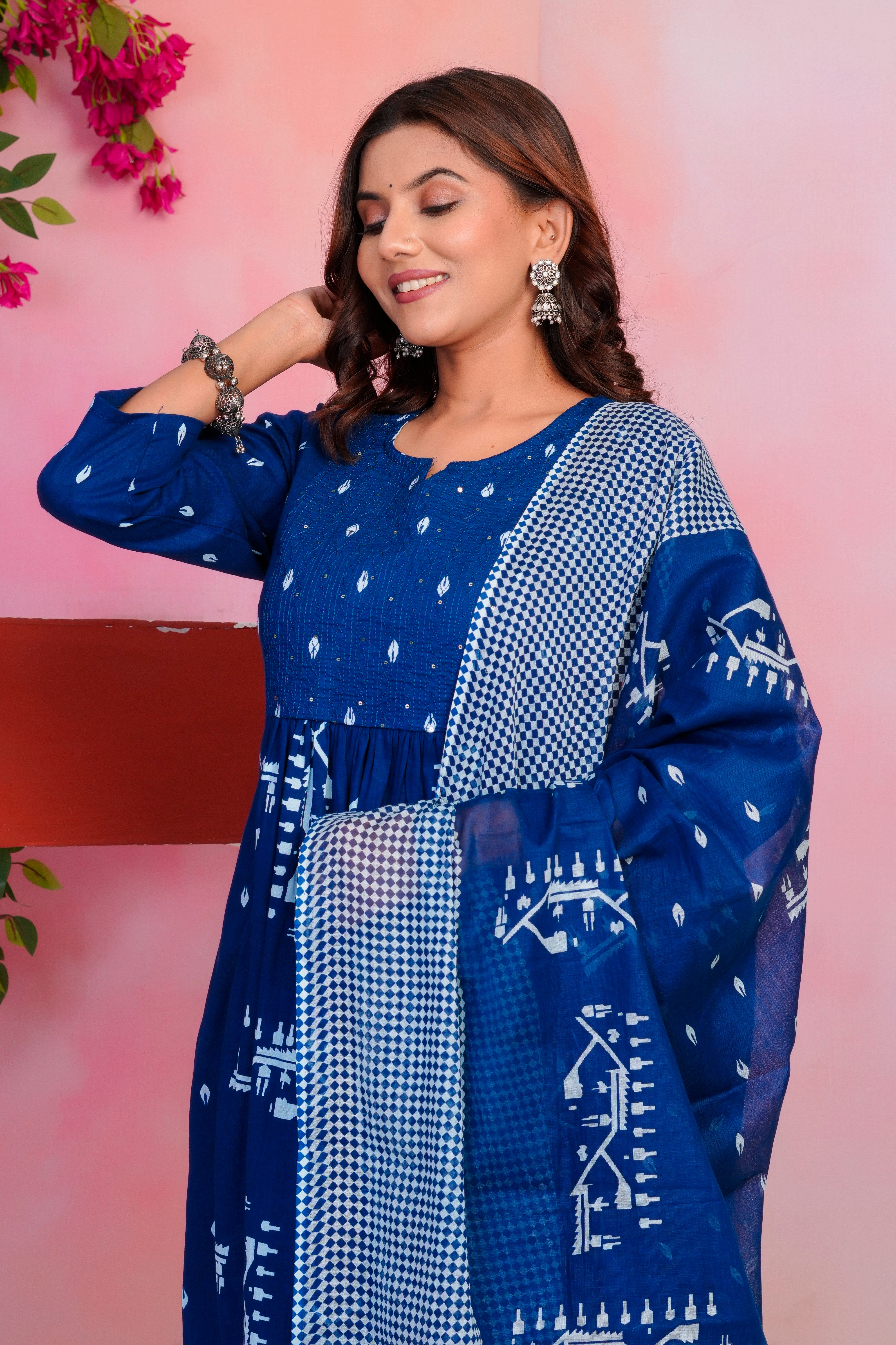 Bna Bnaya Cotton Blue Anarkali Dupatta Set