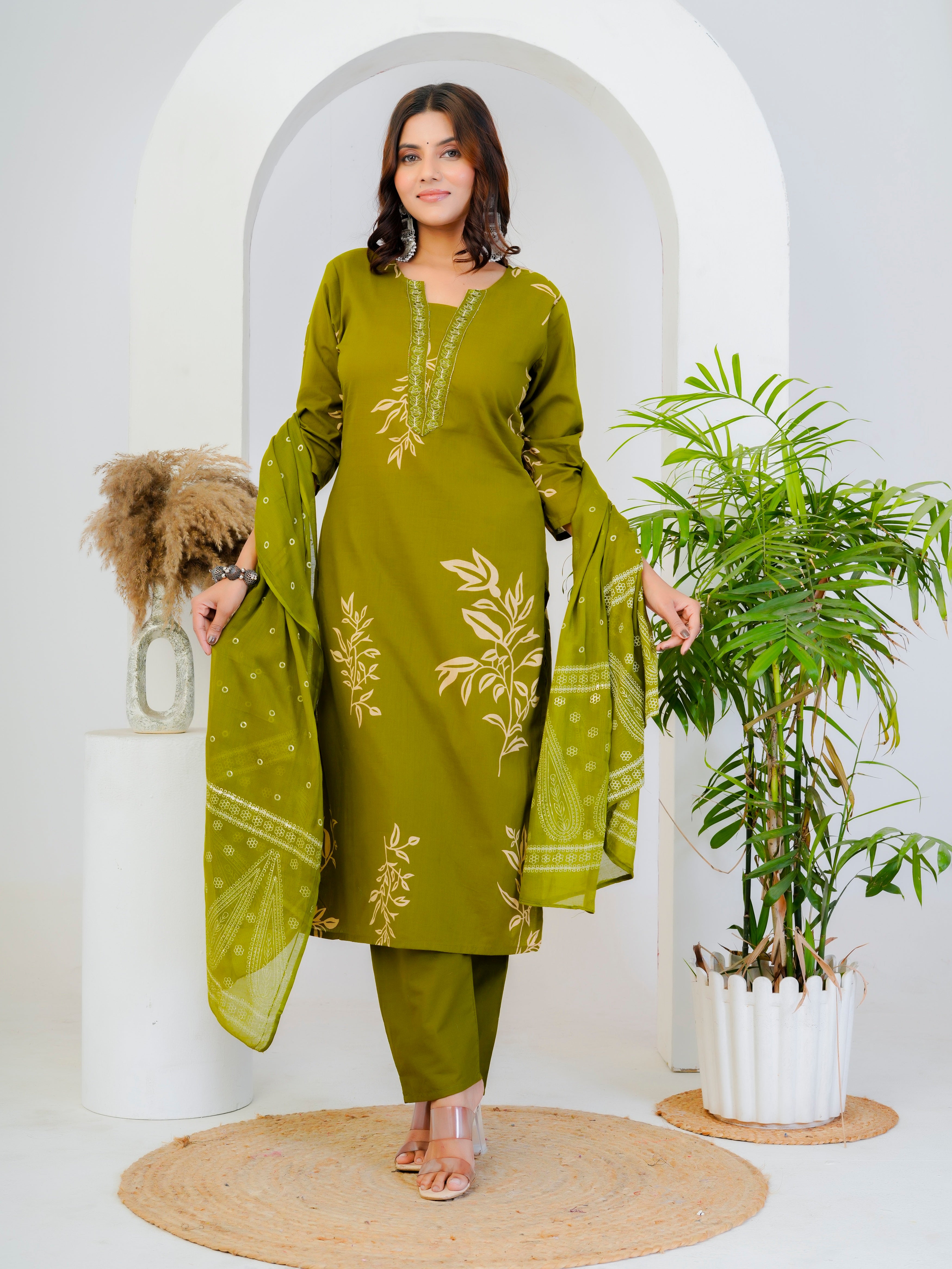 Bna Bnaya Floral Print Cotton Embroidered Kurta Pant Dupatta set